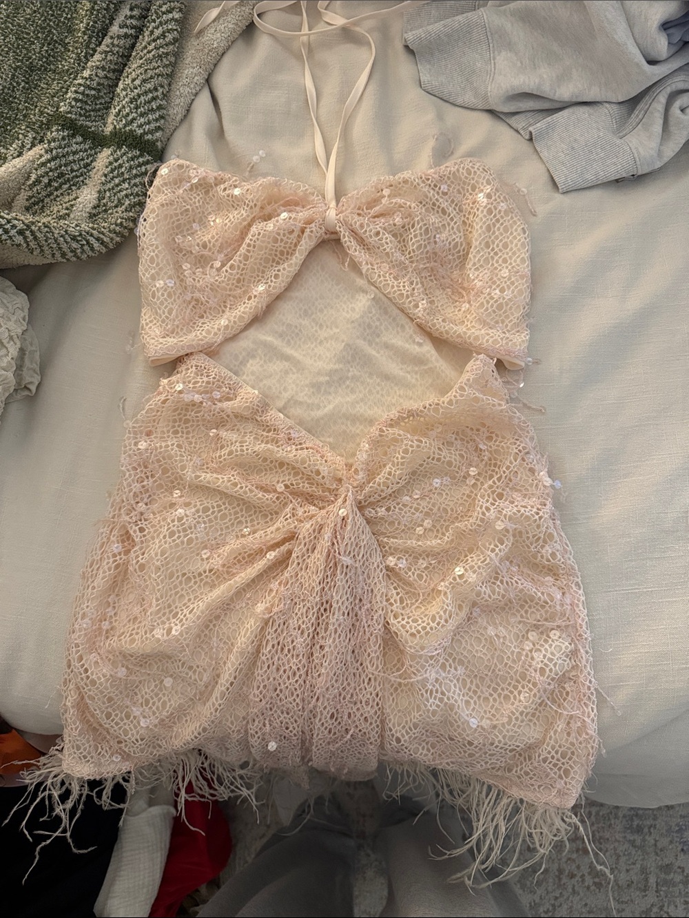 Women's Sequin & Feather Trim Lace Halter Dress - Pale Blush